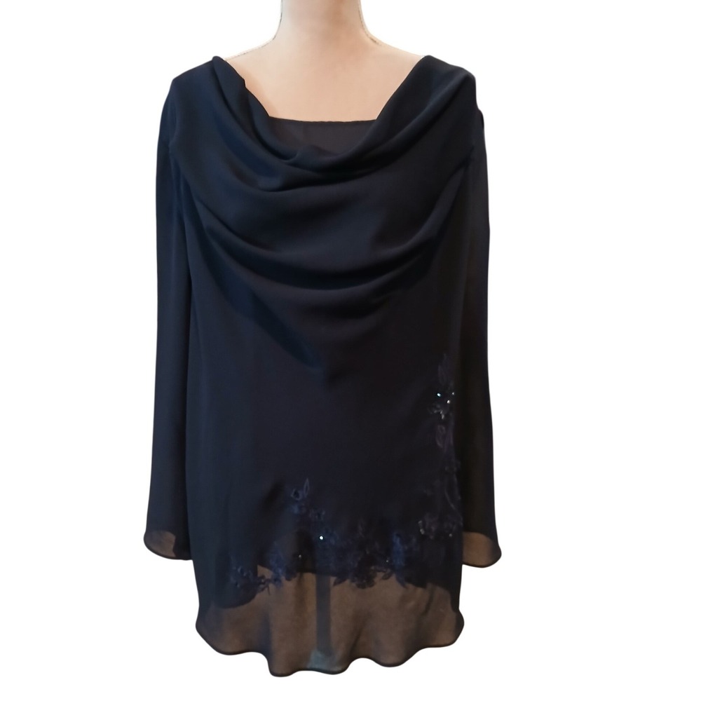 Sz 20W Navy Blue Beaded Floral Embroidery Cowl Neck Chiffon Top Womens Plus